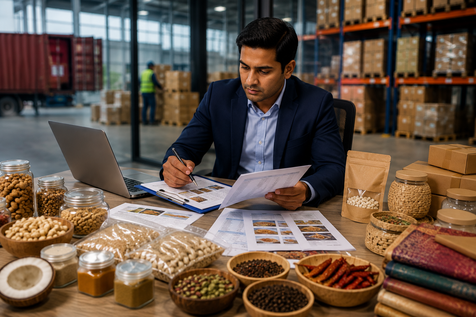 Export sourcing specialist reviewing product specifications and quotation requirements